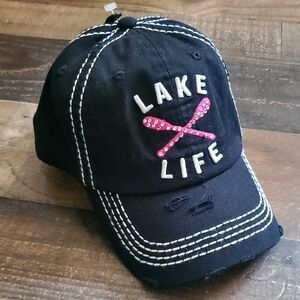 New Black 'Lake Life' Womens Cap w/Pink Bling Paddle Design KBETHOS Vintage Hats